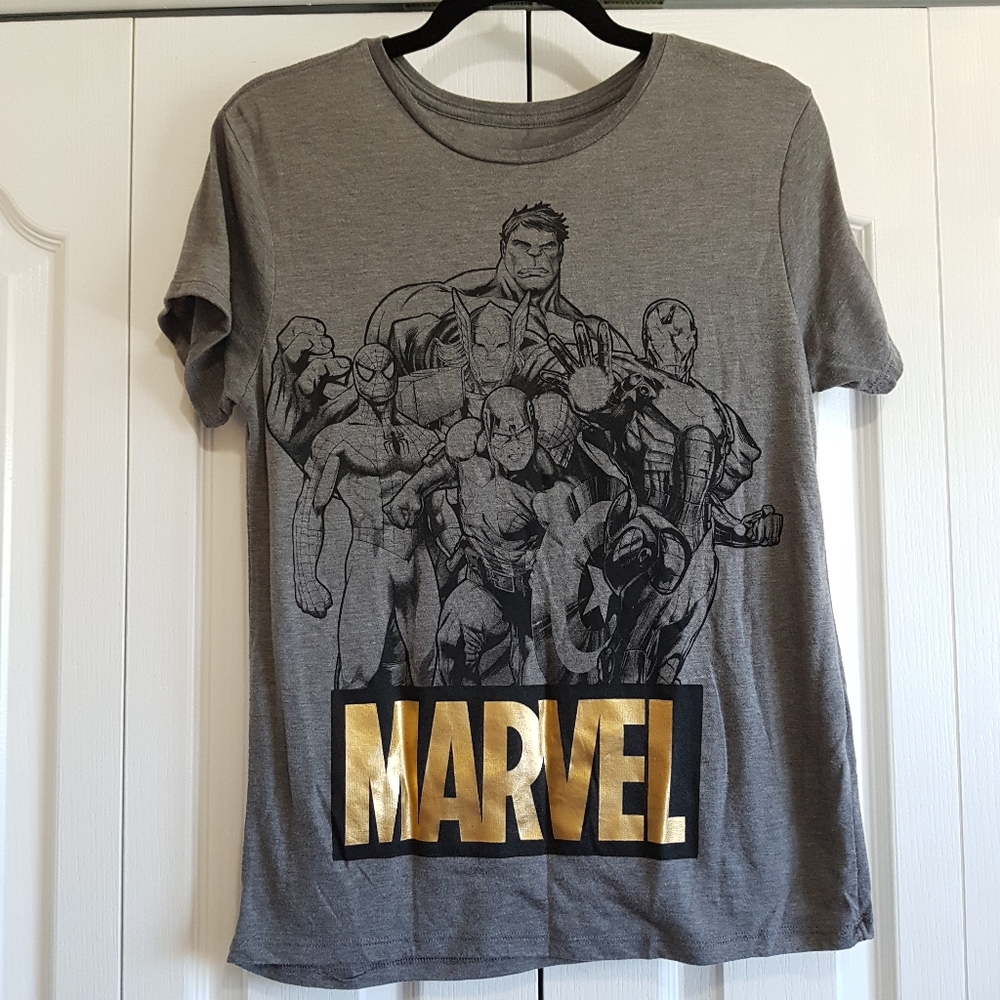 Gold Marvel print tee, Avengers Spiderman t-shirt